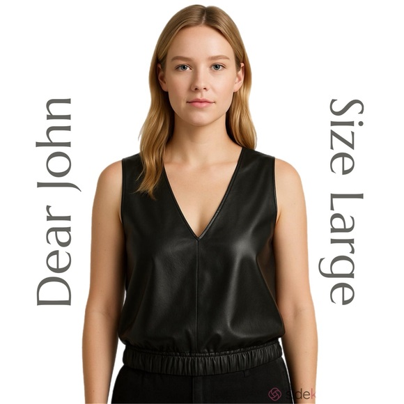 Dear John - Black Faux Leather V-Neck Top - Size Large - NWT - Picture 1 of 11